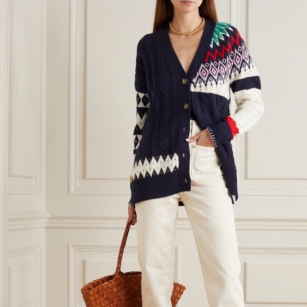 La Ligne - Navy Blue and White Patchwork Cardigan with Geometric Patterns